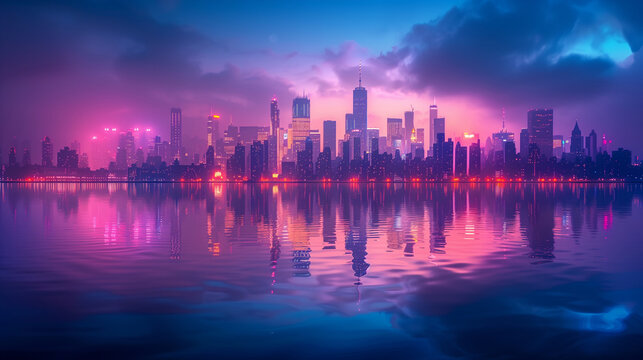 Twilight descends on the city with a mystic array of red and purple hues reflecting off the calm water, creating a mirror image of the urban silhouette. City at dawn, the calm before the days hustle.