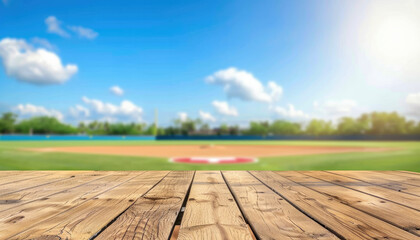 Empty wooden table with blurred baseball field background. Table top product display showcase stage. Image ready for montage your text or product.  - obrazy, fototapety, plakaty