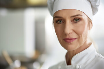 Seasoned female chef with a confident smile in a professional kitchen