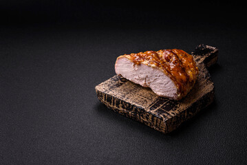 Delicious smoked ham or chicken meat with salt, spices and french mustard