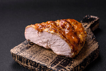 Delicious smoked ham or chicken meat with salt, spices and french mustard