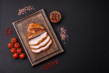 Delicious smoked ham or chicken meat with salt, spices and french mustard