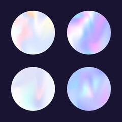 Holographic abstract backgrounds set. Gradient hologram. Rainbow holographic backdrop. Minimalistic 90s, 80s retro style graphic template for brochure, banner, wallpaper, mobile screen.