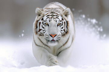 Fototapeta na wymiar A majestic bengal tiger sprints gracefully through a wintry wonderland, its sleek white fur blending seamlessly with the snow as it embodies the fierce beauty of a wild, terrestrial predator