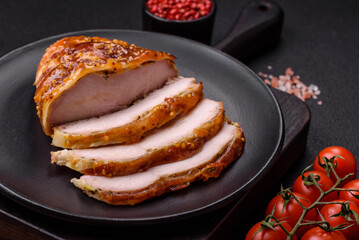 Delicious smoked ham or chicken meat with salt, spices and french mustard