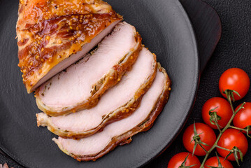 Delicious smoked ham or chicken meat with salt, spices and french mustard
