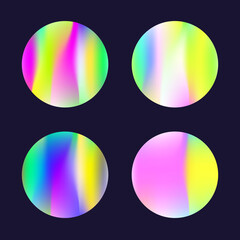 Gradient round set with holographic mesh. Abstract hologram. Multicolor gradient round set. Minimalistic 90s, 80s retro style graphic template for flyer, poster, banner, mobile app.