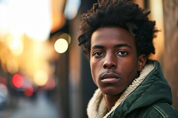 Cool sad lonely young African American guy standing at city street. Stylish serious pensive sensitive vulnerable ethnic rebel hipster gen z teen boy looking at camera outdoors, close up, Generative AI - obrazy, fototapety, plakaty