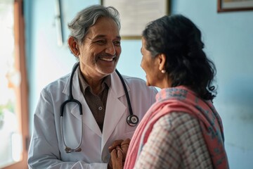 Happy Indian doctor therapist in white coat has appointment consulting supporting putting hand on shoulder of older senior female patient in modern clinic hospital. Medical healthcare, Generative AI