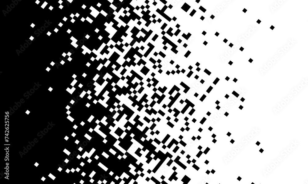 Poster black pixels on white background. black and white dissolve halftone grunge effect. vector illustrati