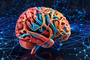 AI Brain Chip degeneration. Artificial Intelligence nerve mind data integration circuit board. Neuronal network neurotransmitter transporter regulation processing orthopedic ct