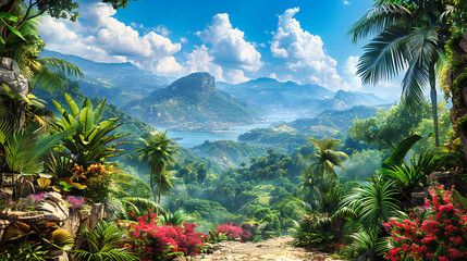 Fototapeta na wymiar Scenic view of lush mountains and forests under a blue sky, a serene landscape inviting summer travel and adventure