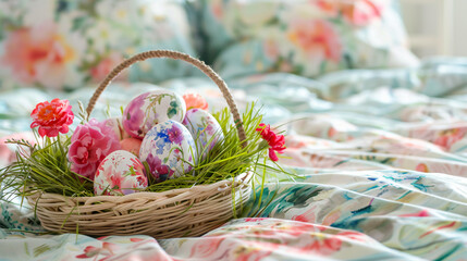 Fototapeta na wymiar On a pastel bedspread is a basket of grass.