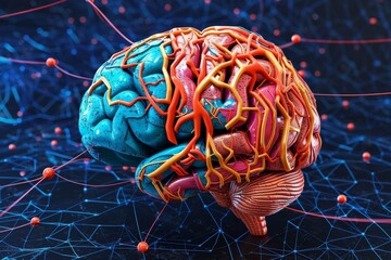 AI Brain Chip factors. Artificial Intelligence neurons mind neon purple circuit board. Neuronal network brain like cpu processing informatics infrastructure