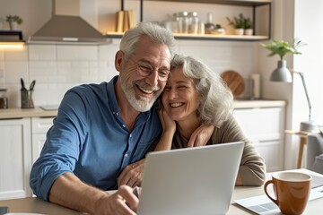 Happy mature older family couple laughing, bonding sitting at home table with laptop. Smiling middle aged senior 50s husband and wife having fun satisfied with buying insurance, Generative AI