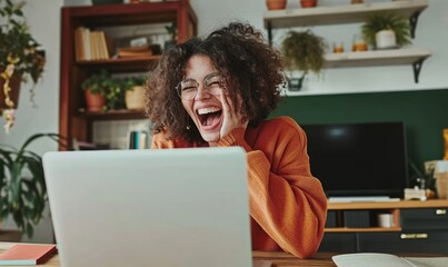 Happy girl student winner looking at laptop receiving good news in email celebrating achievement success. Excited woman winning online, getting new approved job opportunity, Generative AI