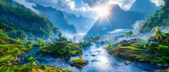 Scenic mountain valley in Asia, showcasing the lush beauty and tranquil landscape of rural agricultural life