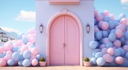 blue door and balloons above pink wall