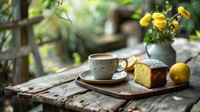 a coffee with a side of lemon pound cake, served on a rustic wooden table in a garden