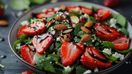 a strawberry spinach salad, with sliced strawberries, almonds, and feta cheese, drizzled with balsamic glaze