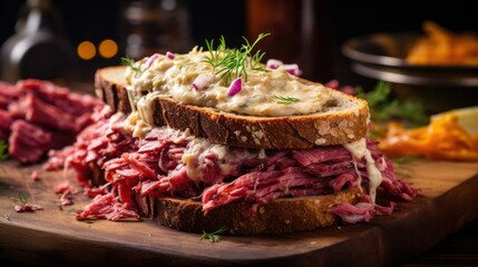a Reuben sandwich, filled with corned beef, sauerkraut, Swiss cheese, and Russian dressing on rye bread