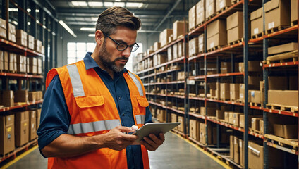 Worker holding digital tablet walking around retail warehouse.