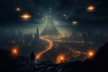 Solitary figure stands overlooking sprawling futuristic city illuminated by lights, with flying vehicles and towering central structure against dark, rainy sky