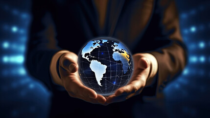 Business person is holding small globe in their hands, earth visible on the sphere with continents and oceans