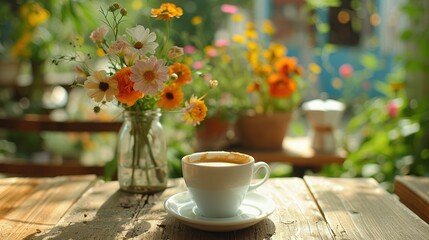 Naklejka na ściany i meble A charming image of a coffee break in a sunlit garden, with a cup of espresso and a vase of freshly picked flowers