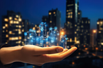 Hand is shown against a backdrop of illuminated skyscrapers, seemingly holding glowing holographic outlines of buildings