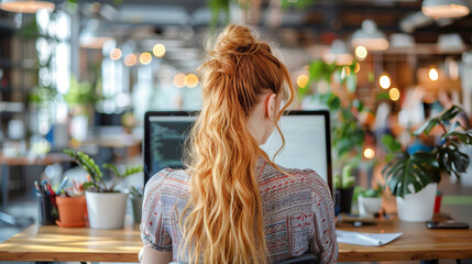 Rear view of female programmer sitting at desk while working with computer in start up office.