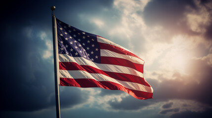 American waving flag on sky background. American flag illustration - obrazy, fototapety, plakaty