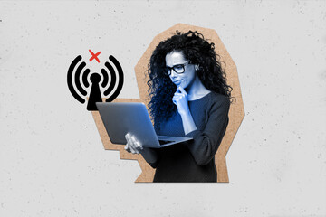 Creative abstract template collage of upset boss entrepreneur girl hold netbook bad wifi connection unusual fantasy billboard comics