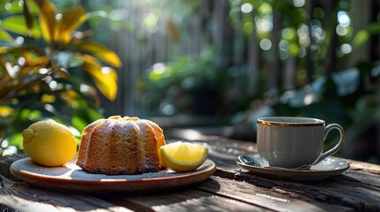 a coffee with a side of lemon pound cake, served on a rustic wooden table in a garden