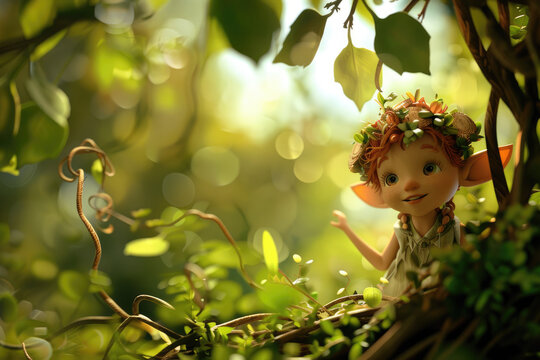 3d beautiful forest elf illustration, nature background, with copy space