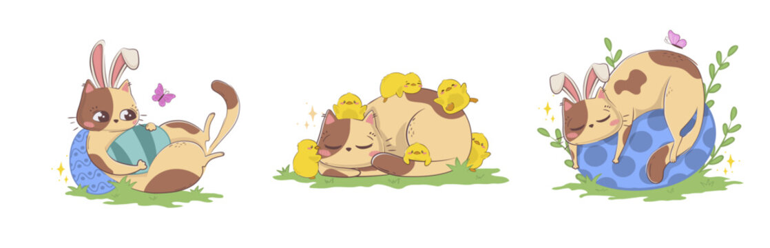 Set of Easter cartoon cats with eggs and chickens. Festive spring clipart with cute characters in doodle style.