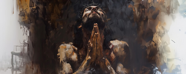 Jesus Christ in prayer artistic portrait painting banner with copy space