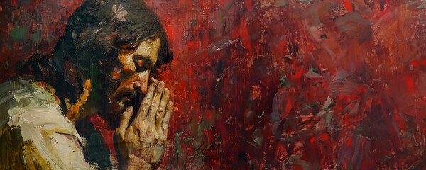 Jesus Christ in prayer artistic portrait painting banner with copy space - obrazy, fototapety, plakaty