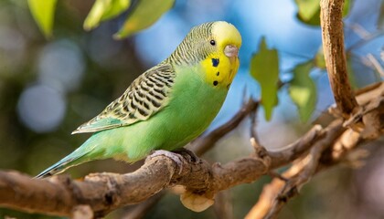 A green budgie on a branch