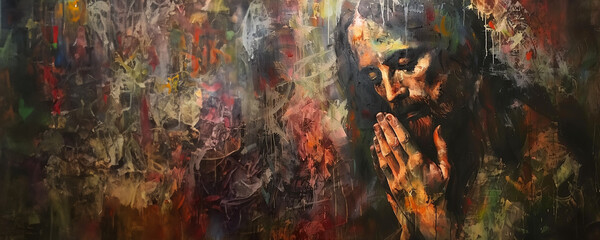 Jesus Christ in prayer artistic portrait painting banner with copy space