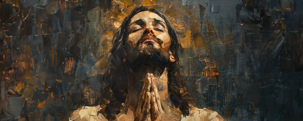 Jesus Christ in prayer artistic portrait painting banner with copy space