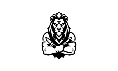 Masculine Lion Mascot Icon in Black N White Colors