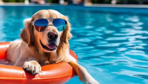 A golden retriever dog wearing sunglasses lying on a lilo in the pool