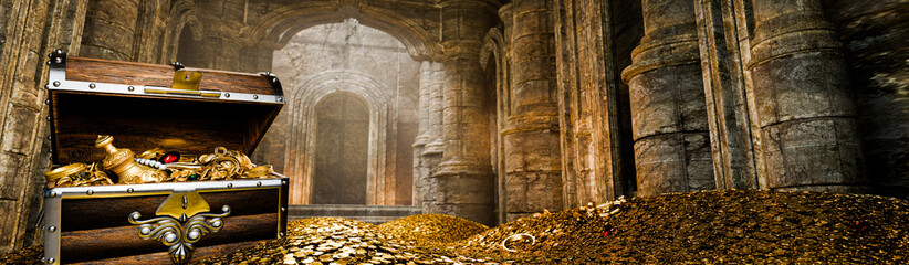 Treasury hall. treasure trove of gold coins And chests and treasure boxes pile up. Treasuries, kingdoms and castles. The concept of finding lost ancient treasures. 3d rendering image. © Superrider