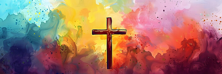 Cross of Jesus Christ on a colorful watercolor background. Illustration