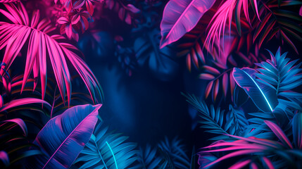 Tropical foliage in vibrant neon colors, creating an exotic and mysterious jungle atmosphere. Wallpaper with copy space. - obrazy, fototapety, plakaty