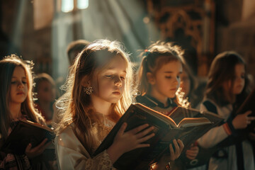 beautiful little girls reading in a church