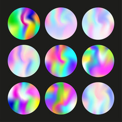 Holographic abstract backgrounds set. Gradient hologram. Stylish holographic backdrop. Minimalistic 90s, 80s retro style graphic template for flyer, poster, banner, mobile app.