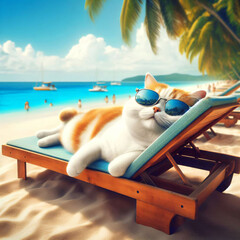 Cat on vacations lying on sunbed on beach. AI generated image.