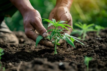 Close up on hands planting cannabis marijuana hemp
